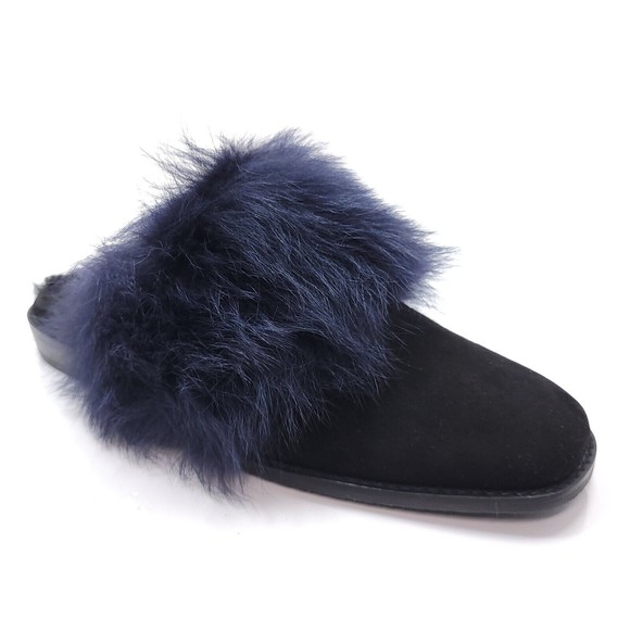 Stuart Weitzman Furgetit Raven Long Claw Blue Shearling Black Suede Mules Sz 7.5 - Picture 2 of 9